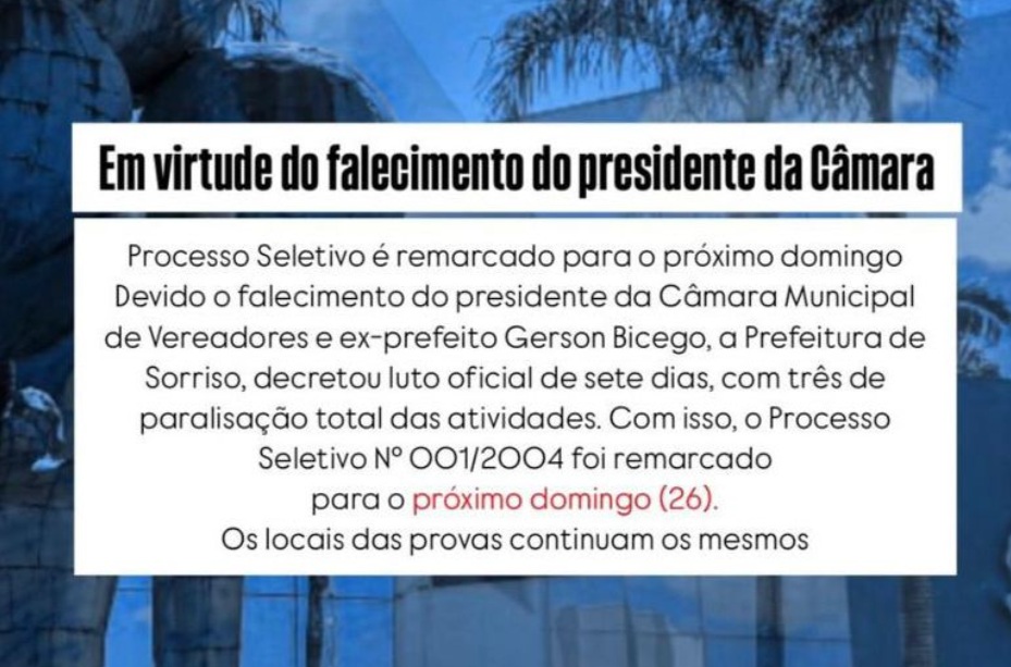Trecho da nota de Sorriso sobre o adiamento do processo seletivo
