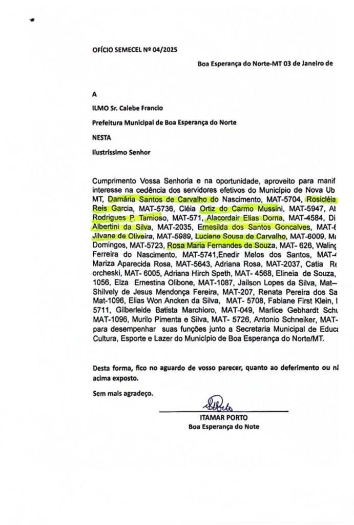 Ofício lista de servidores da educação dos distritos de Piratininga e Água Limpa